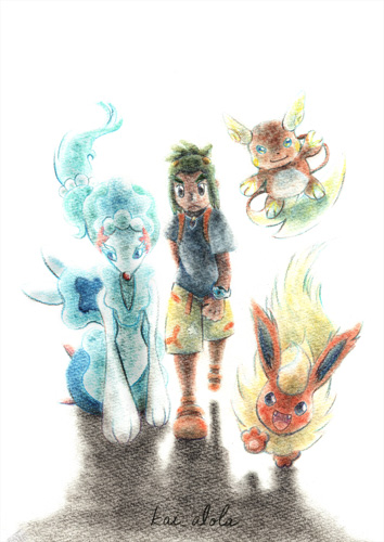 真っ直ぐに前を向いて進むハウとポケモンたち
