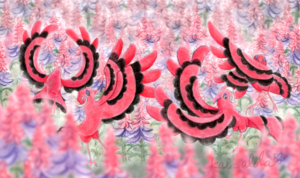 挿絵：ウラウラの花園で踊る４羽のオドリドリ（めらめらスタイル）
