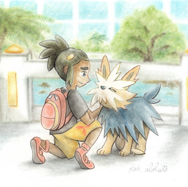 挿絵：ハーデリアをなでるハウ。その微笑みはどこか愁いを帯びている。