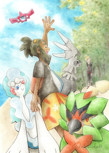 挿絵：グラジオを呼ぶハウ。周りにはポケモンたちがいる
