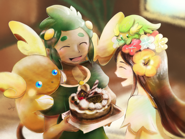 挿絵：買ってきたチョコレートケーキを笑顔で囲むハウ、カイ、ライチュウ、キュワワー