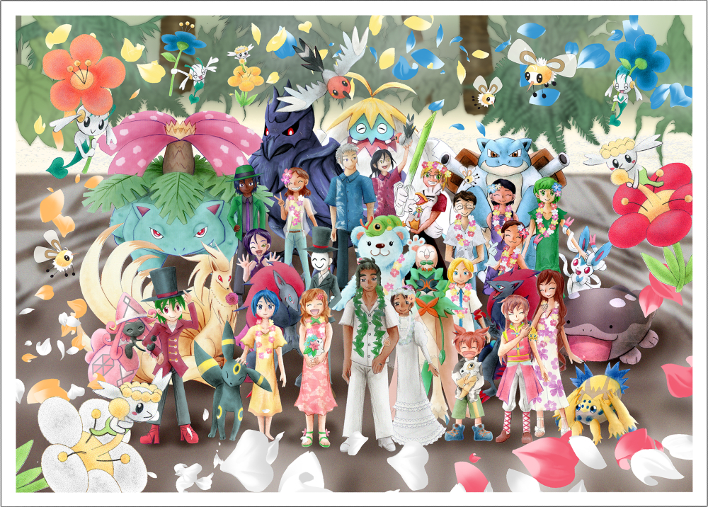 挿絵：ハウとカイとゲストとポケモンたちの集合写真