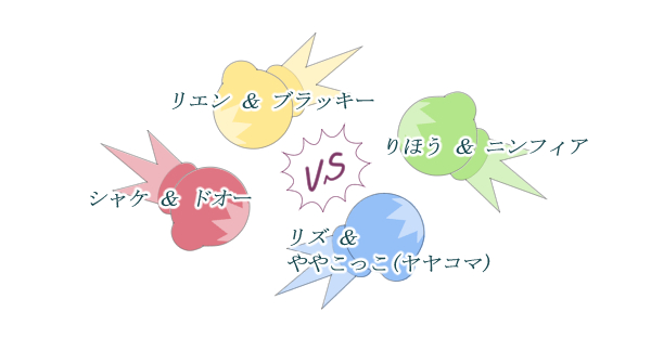 シャケ＆ドオーVSリズ＆ヤヤコマVSりほう＆ニンフィアVSリエン＆ブラッキー